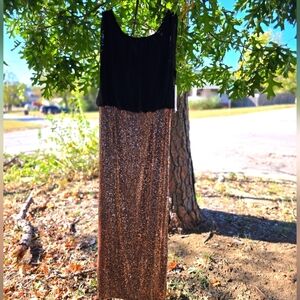CALVIN KLEIN BRONZE SEQUIN BLACK CHIFFON LONG DRESS
